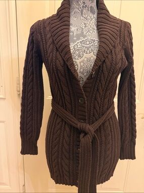 Vintage Eddie Bauer womens Brown Cable Knit Belted Cardigan Sweater -